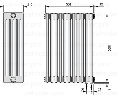 Схема (чертеж) Радиатор Zehnder Charleston 6180/11 №5510 Белый глянцевый RAL 9016